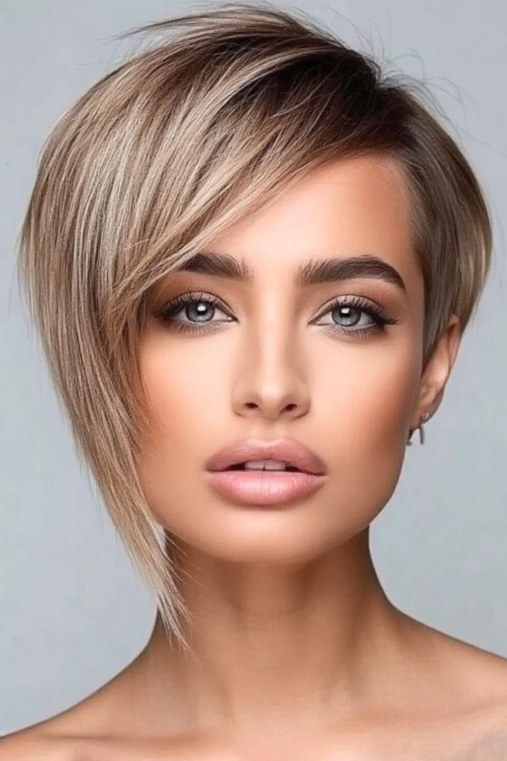 Asymmetrical pixie bob haircut with a modern edge. 