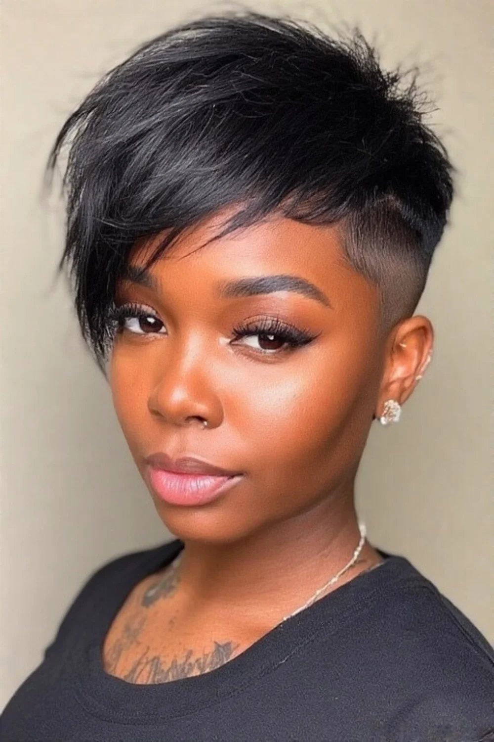 Asymmetrical pixie cut hairstyle with edgy angles
