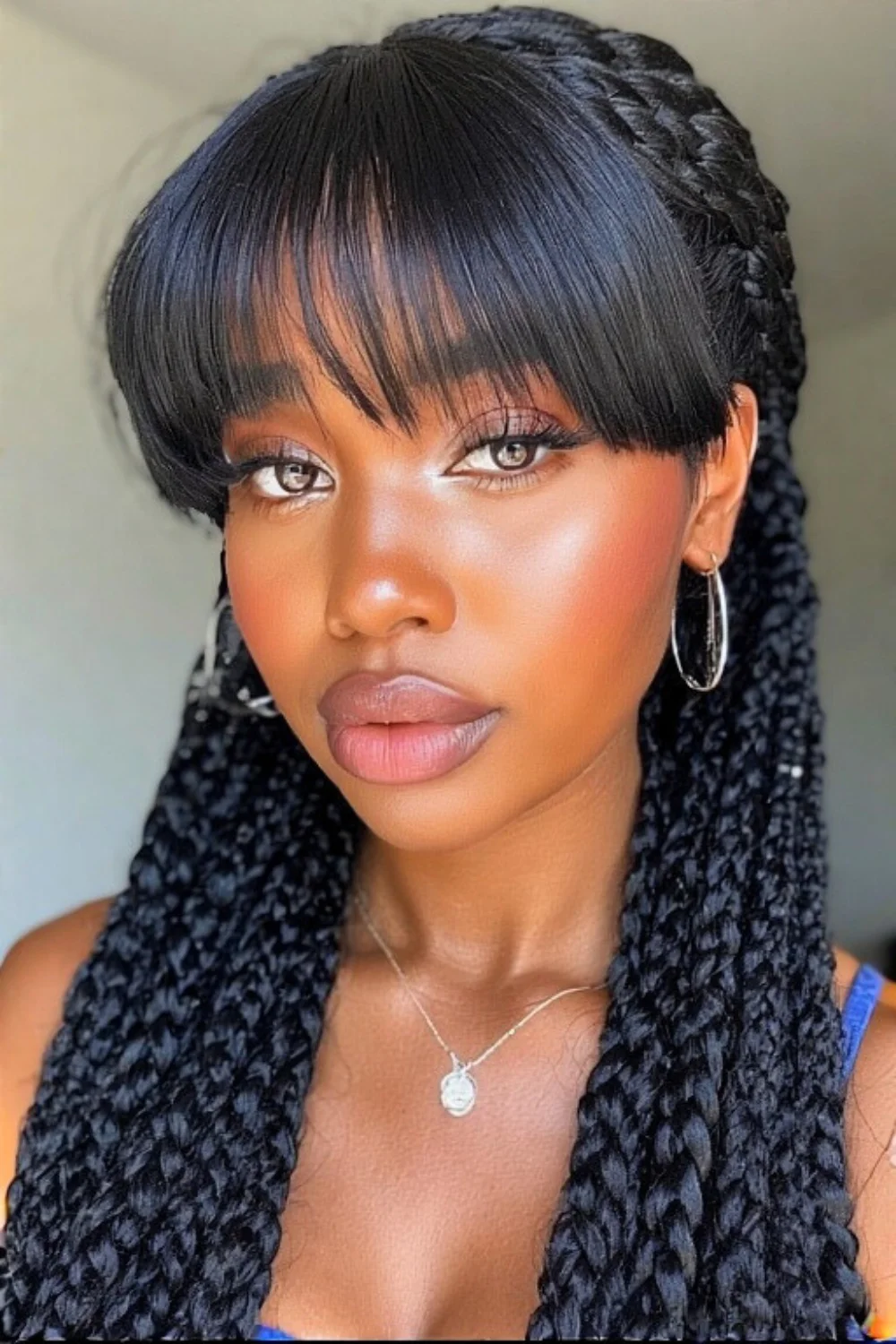 Box braids hairstyle featuring stylish bangs