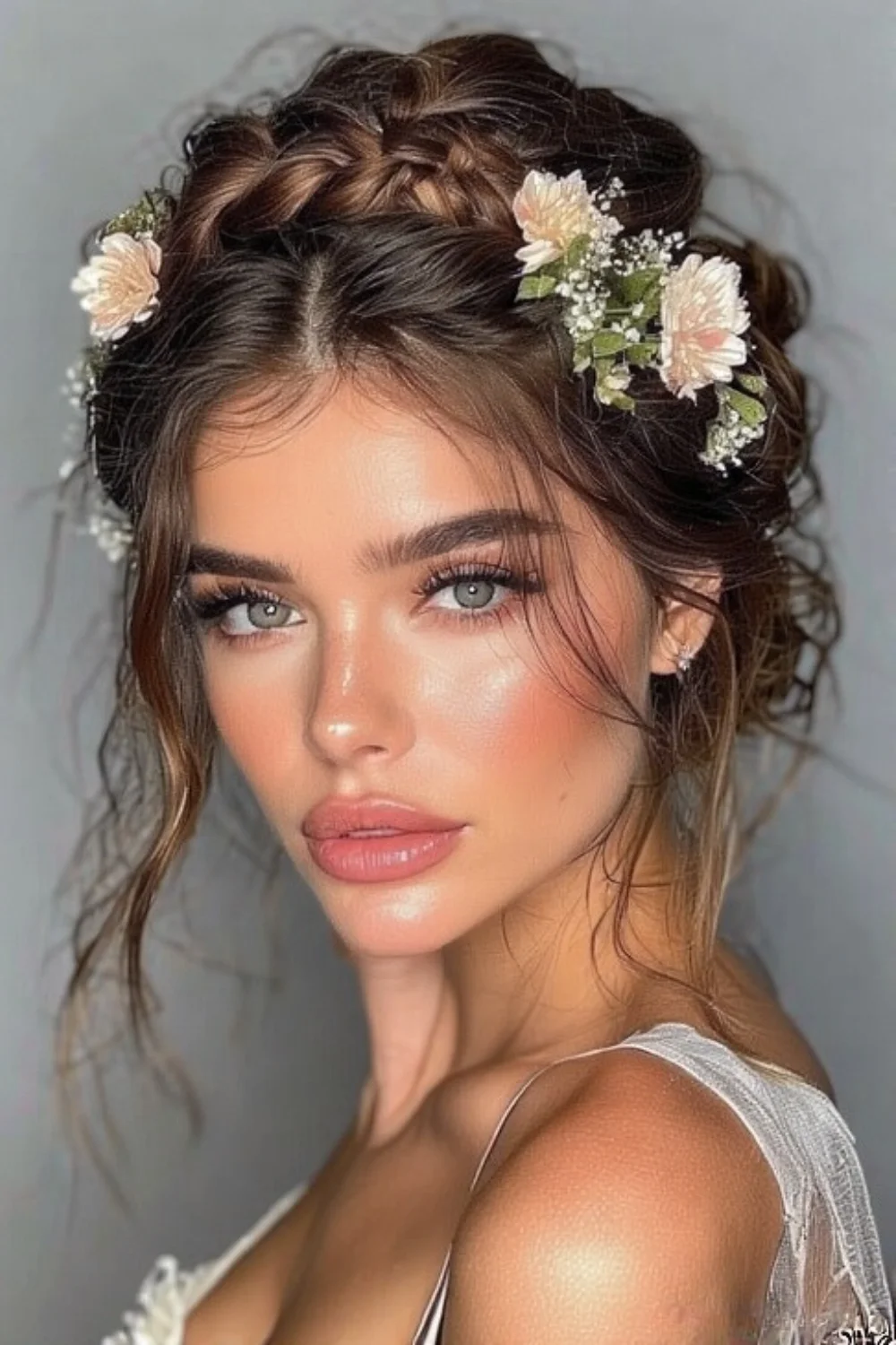 Braided crown hairstyle adorned with fresh flowers
