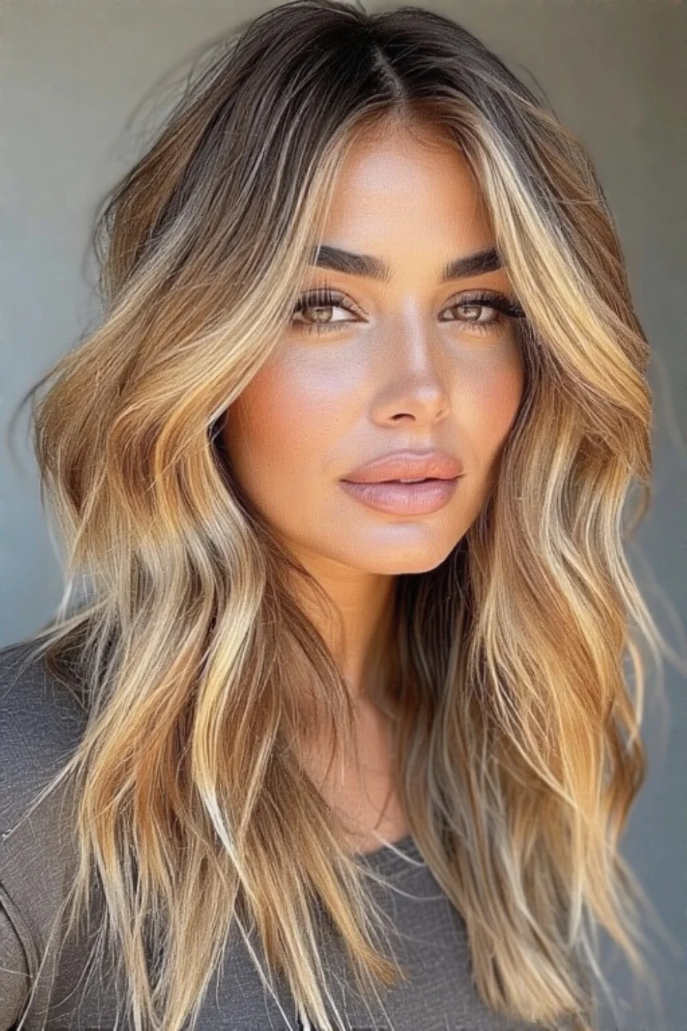 Warm caramel balayage highlights adding depth and dimension to hair 
