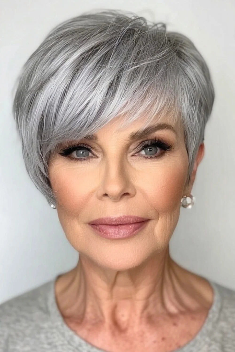 Chic silver pixie cut hairstyle featuring stylish bangs
