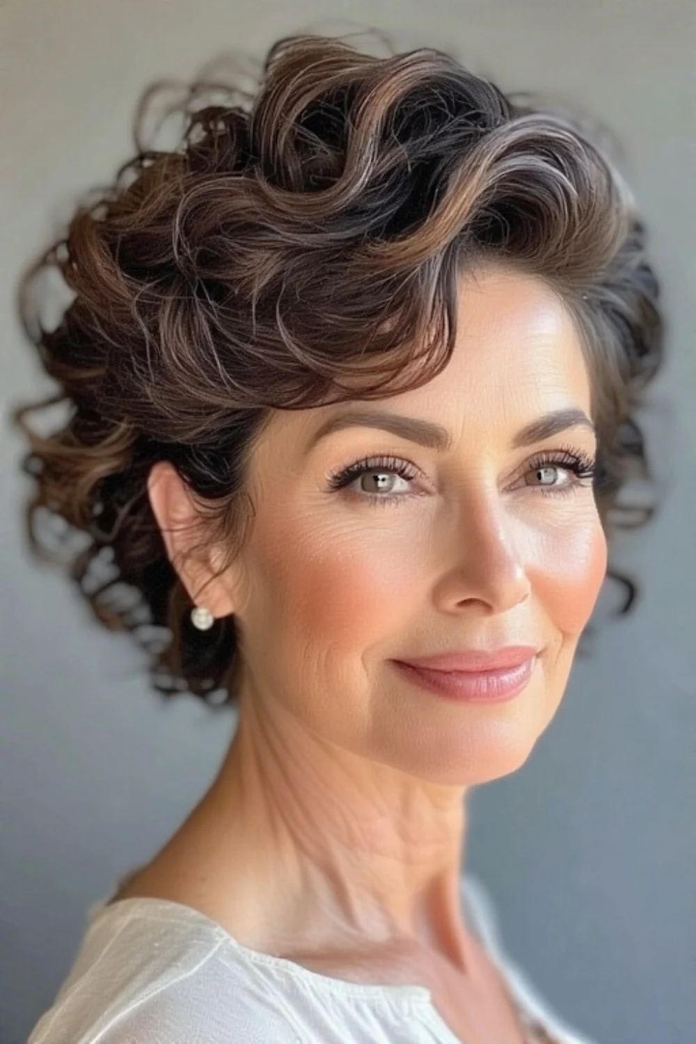 Elegant short curly hair styled in an updo
