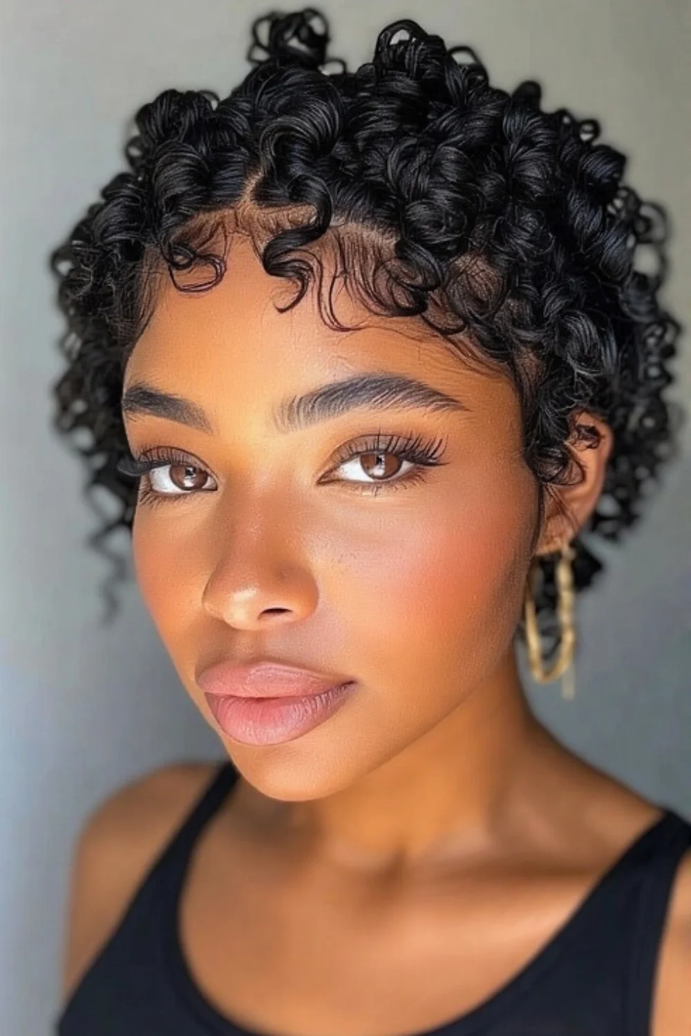 Finger coil hairstyle styled on short natural hair. 