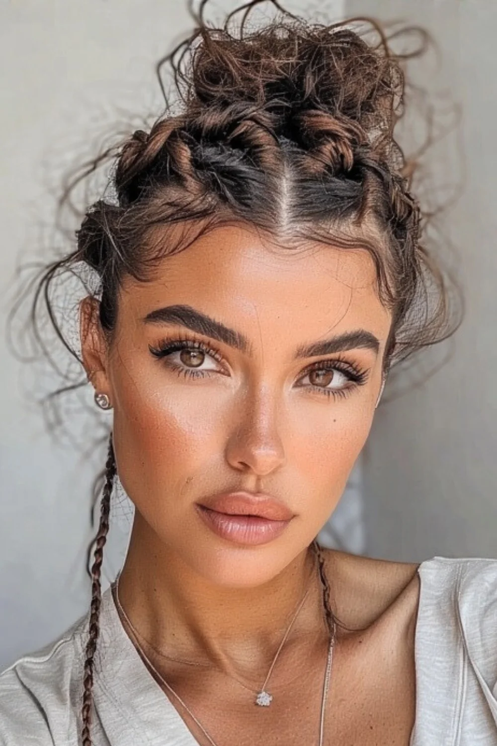 Sleek hairstyle with hidden braids detail
