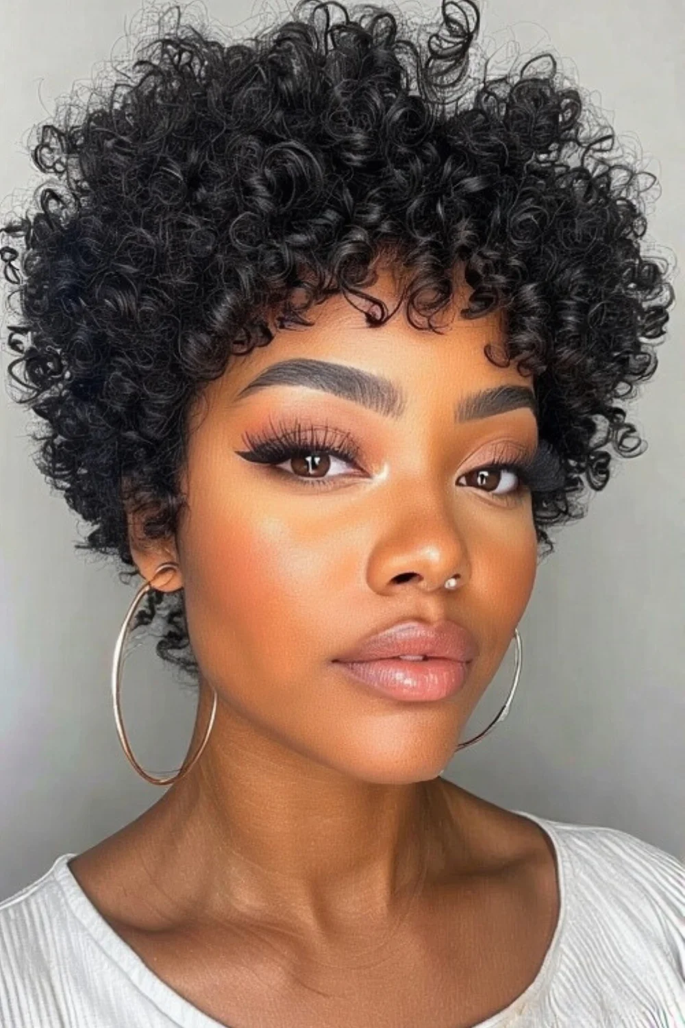 Short afro hairstyle featuring subtle layered texture 