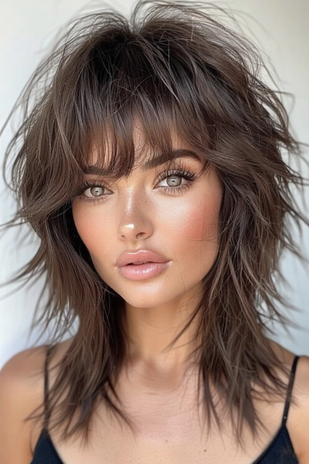 Long layered haircut adding softness and volume to luscious hair 