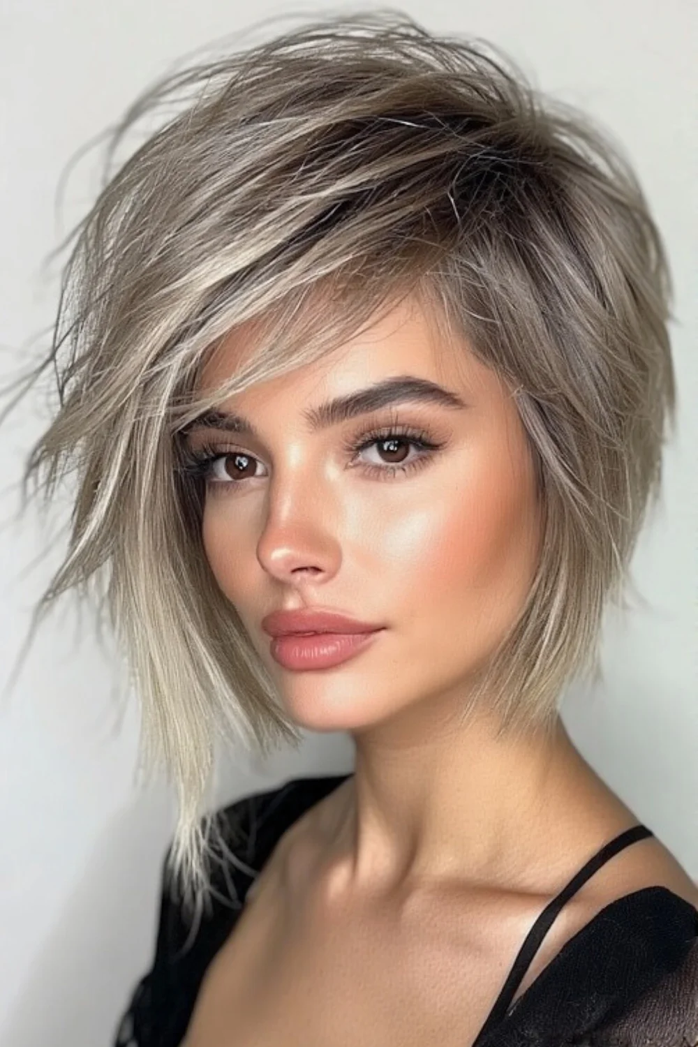 Long pixie bob styled with flowing, layered texture. 