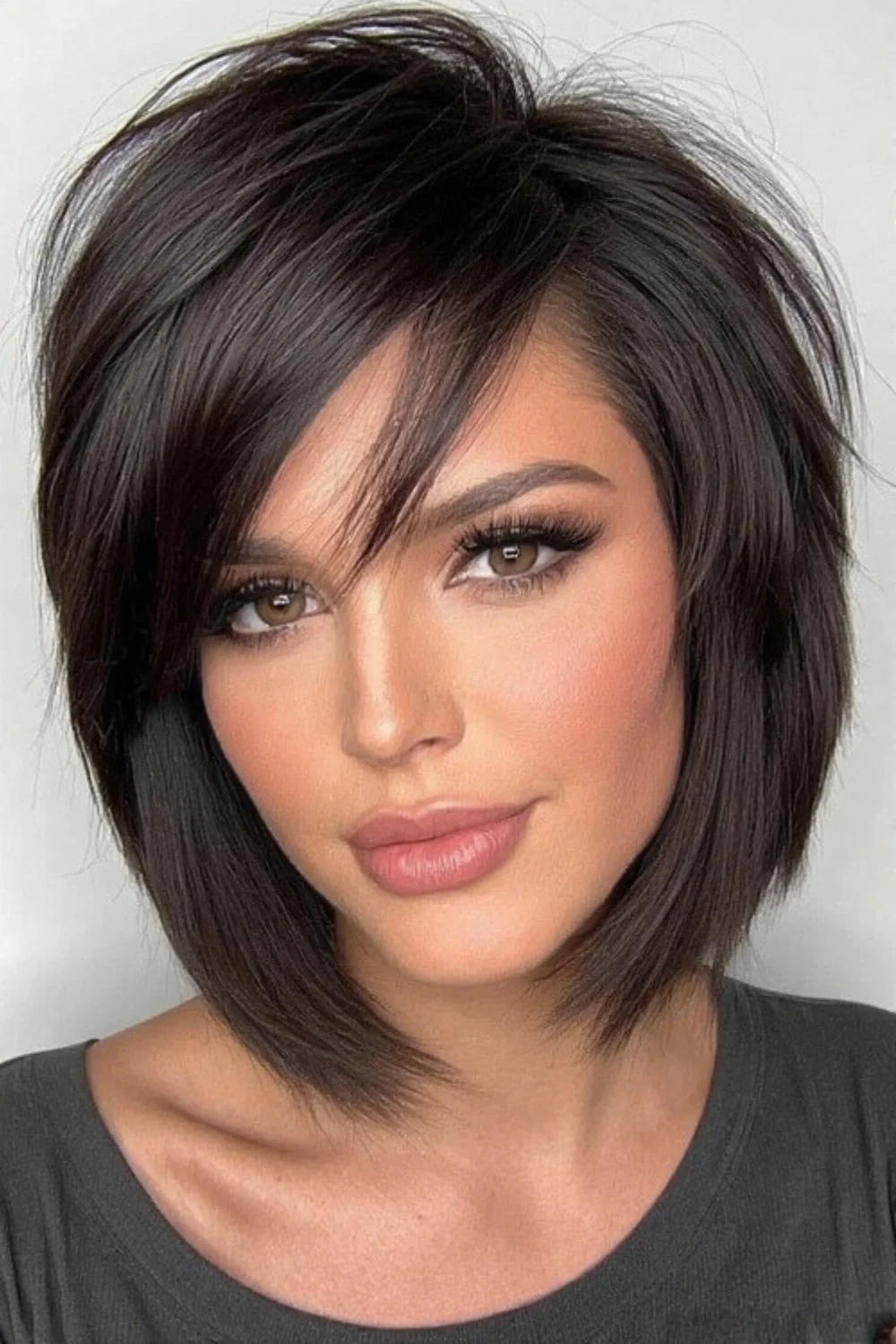 Long pixie bob hairstyle featuring layered texture and volume. 