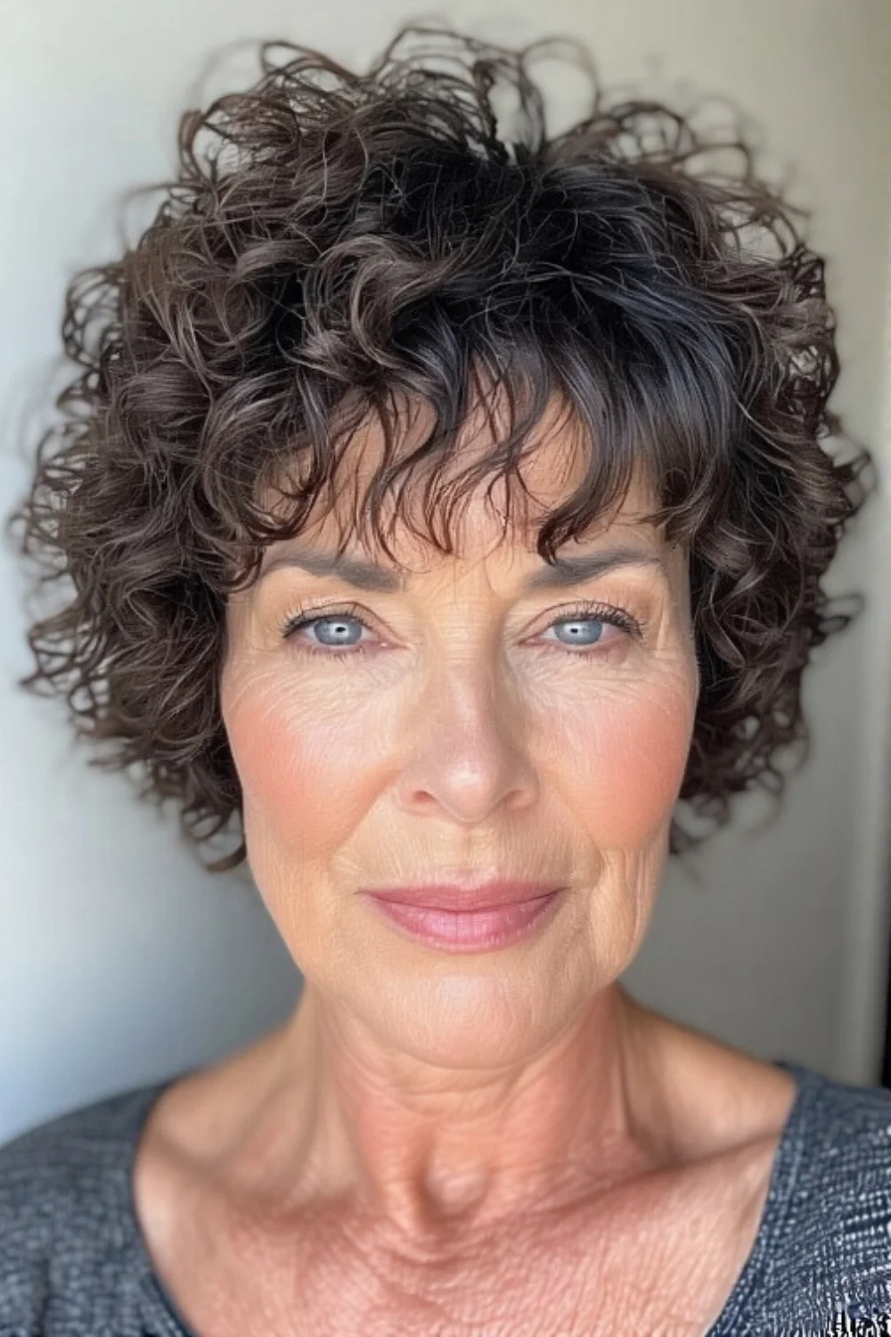 Messy short curls hairstyle with fringe bangs
