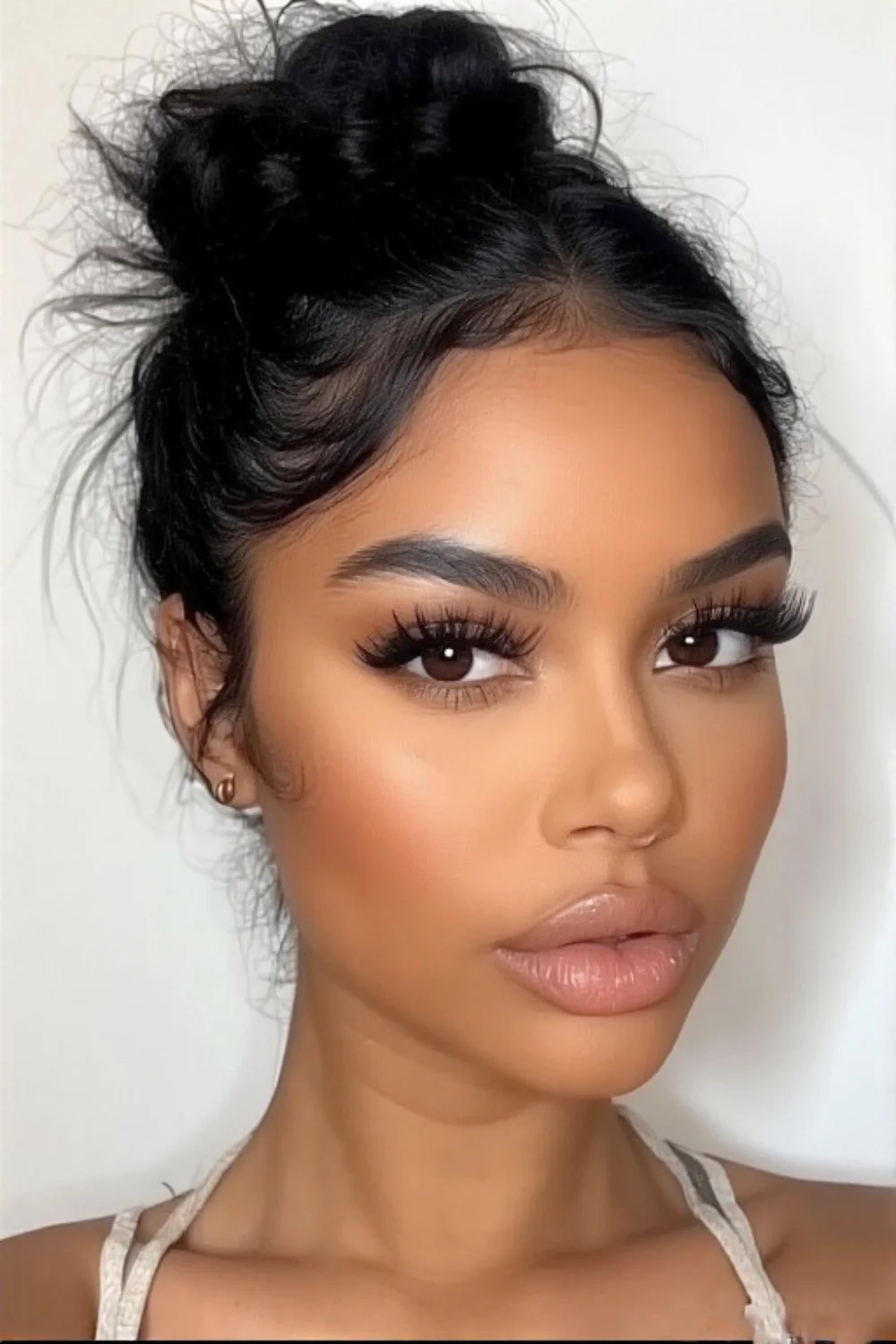 Casual messy top bun hairstyle

