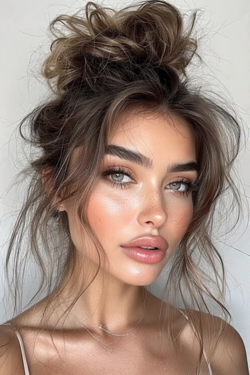 Casual messy top knot hairstyle with effortless charm. 