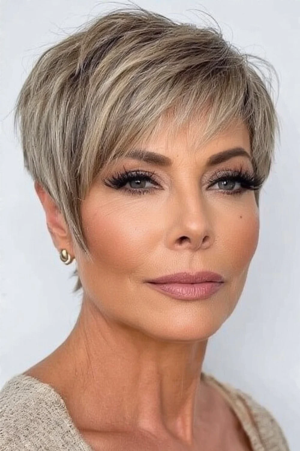 Pixie cut hairstyle with soft side swept bangs
