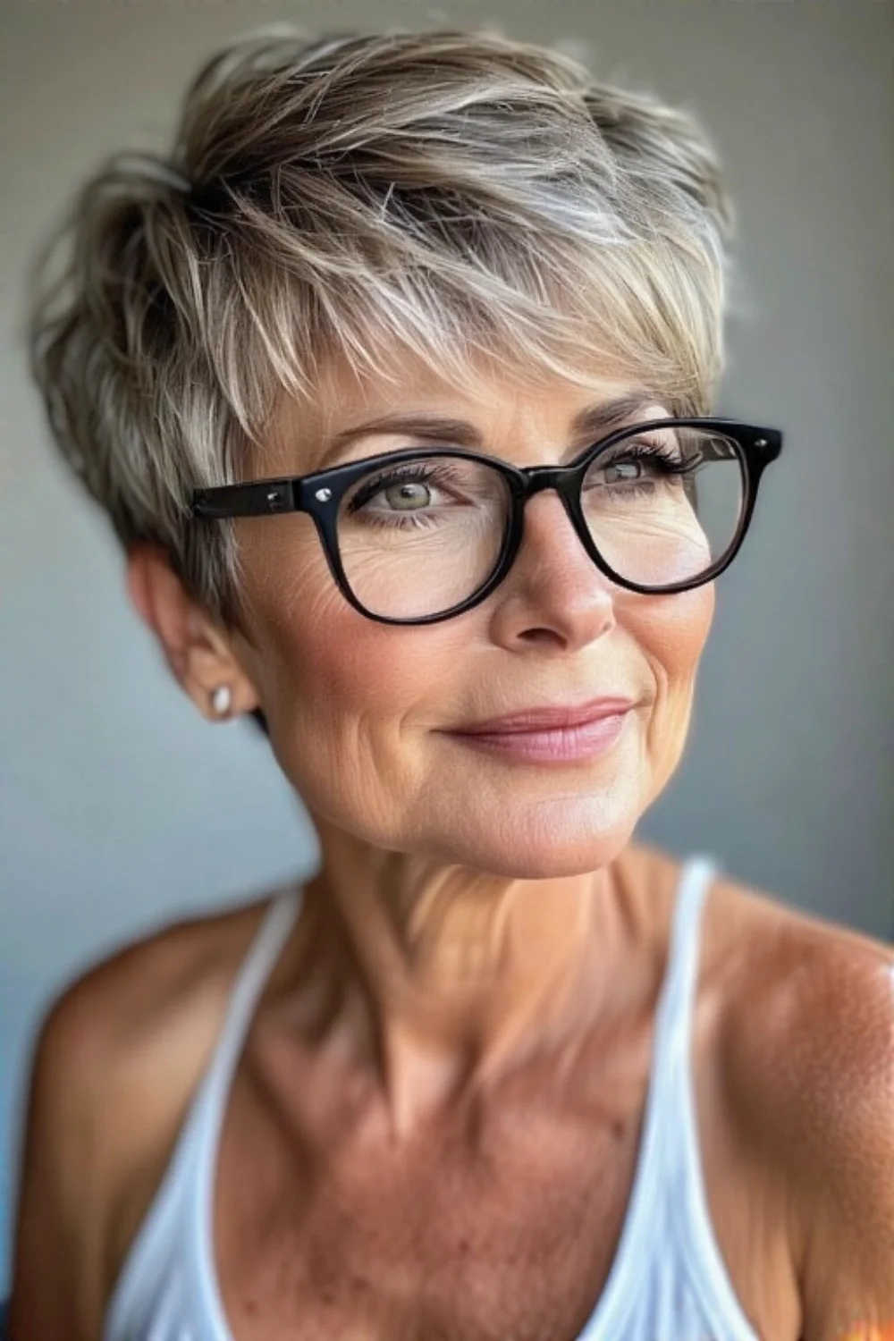 Pixie haircut styled with bangs and glasses