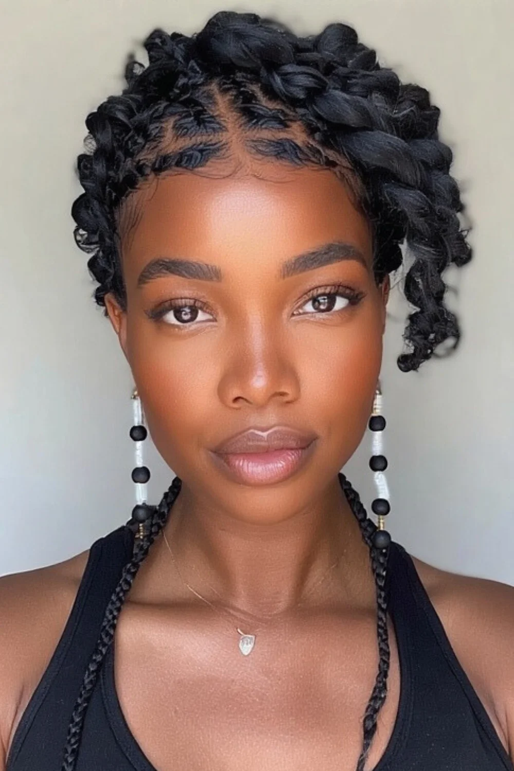 Short cornrows hairstyle decorated with beads