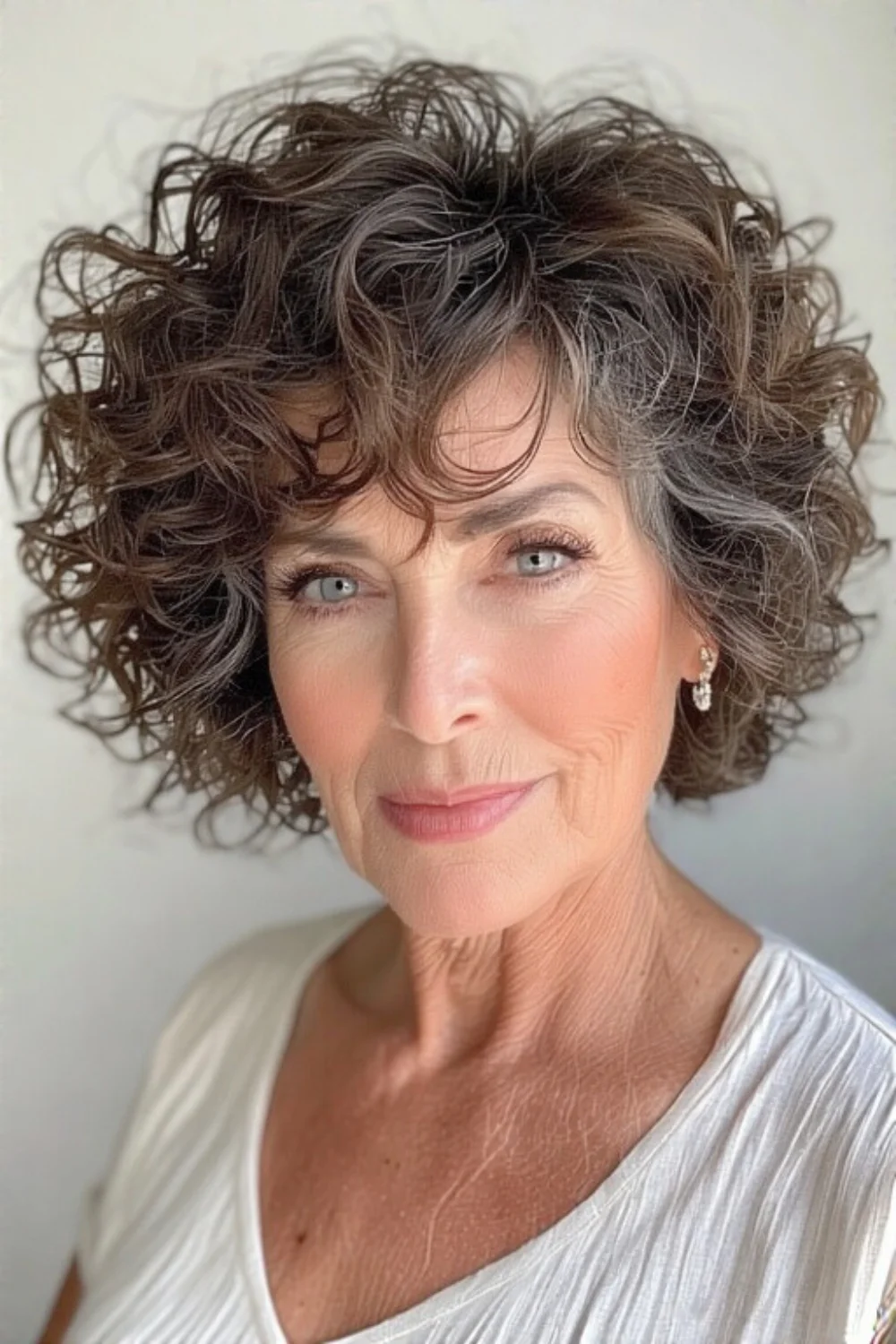 Short curly hairstyle featuring volume on top
