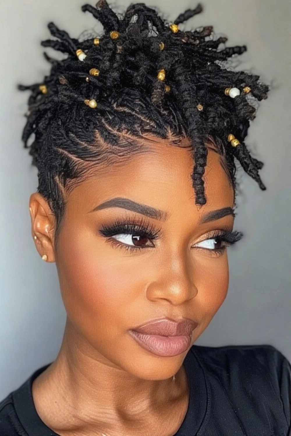 Short dreadlocks adorned with decorative beads 