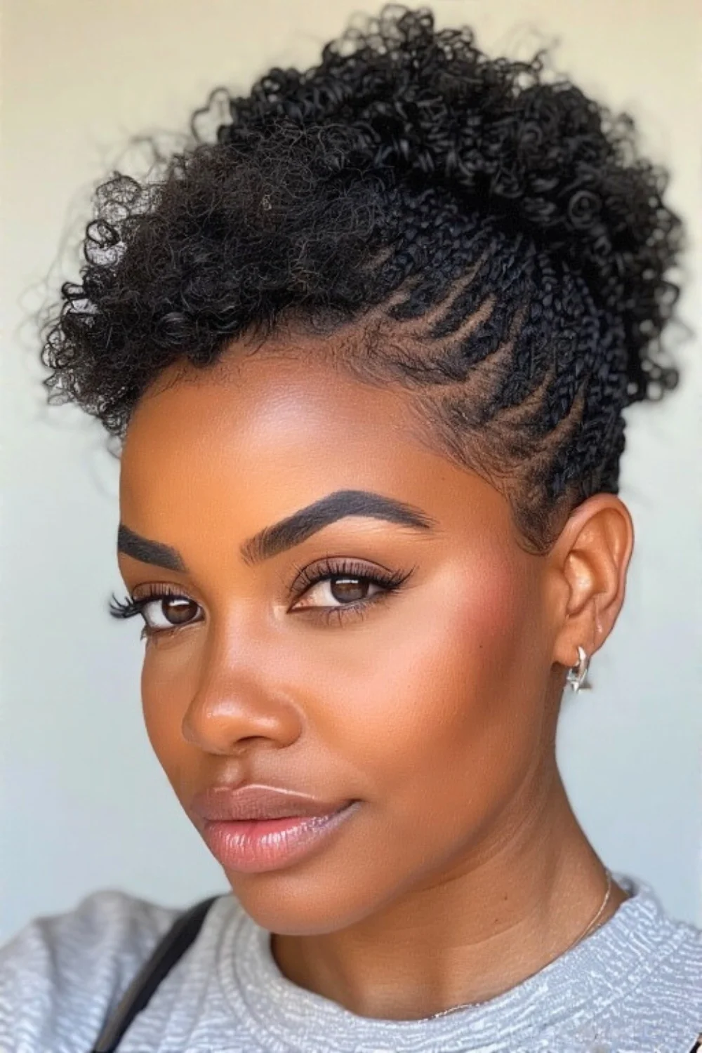 Elegant short natural hair styled in an updo
