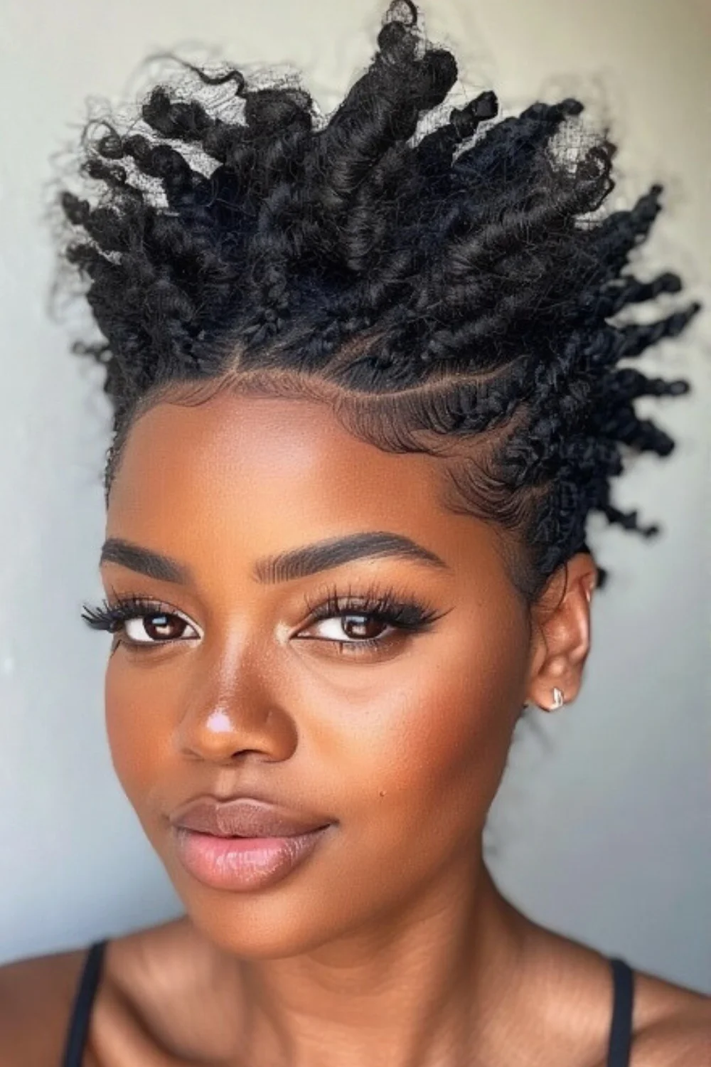Short twist out hairstyle with defined curls

