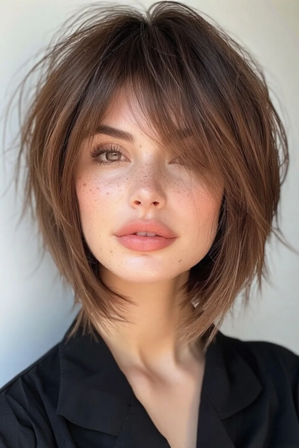 Shoulder-grazing pixie bob cut for a stylish mid-length look. 