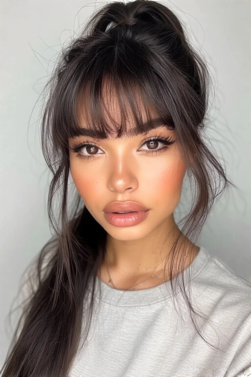 Sleek ponytail hairstyle featuring stylish bangs. 