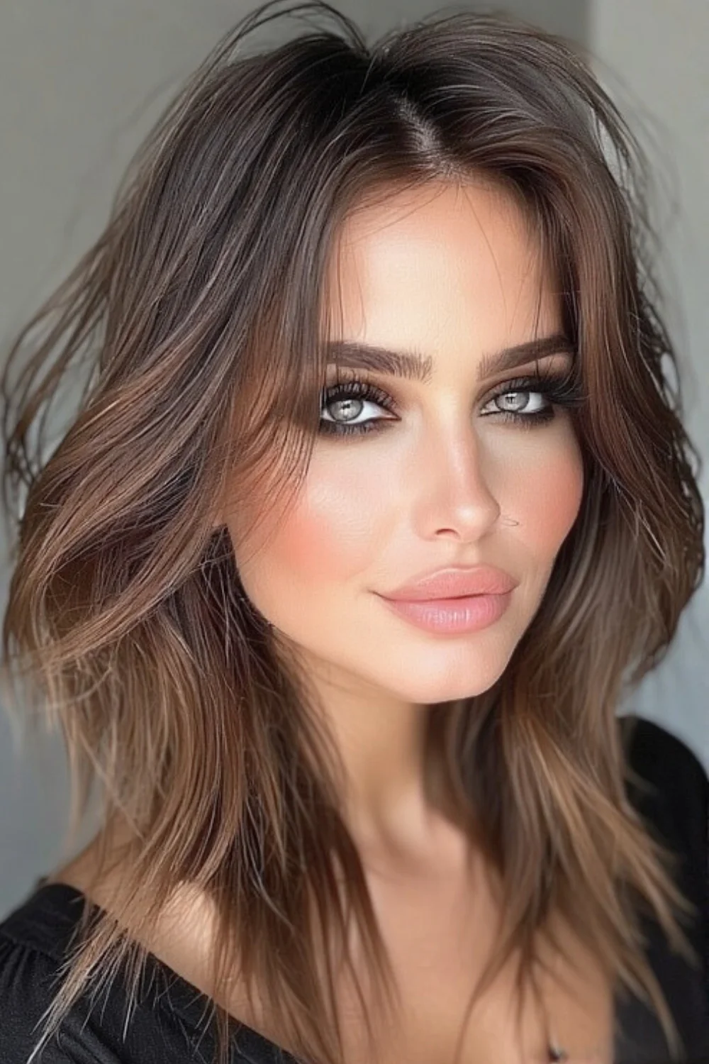 Smoky eye makeup complemented by rich ash brown hair color 