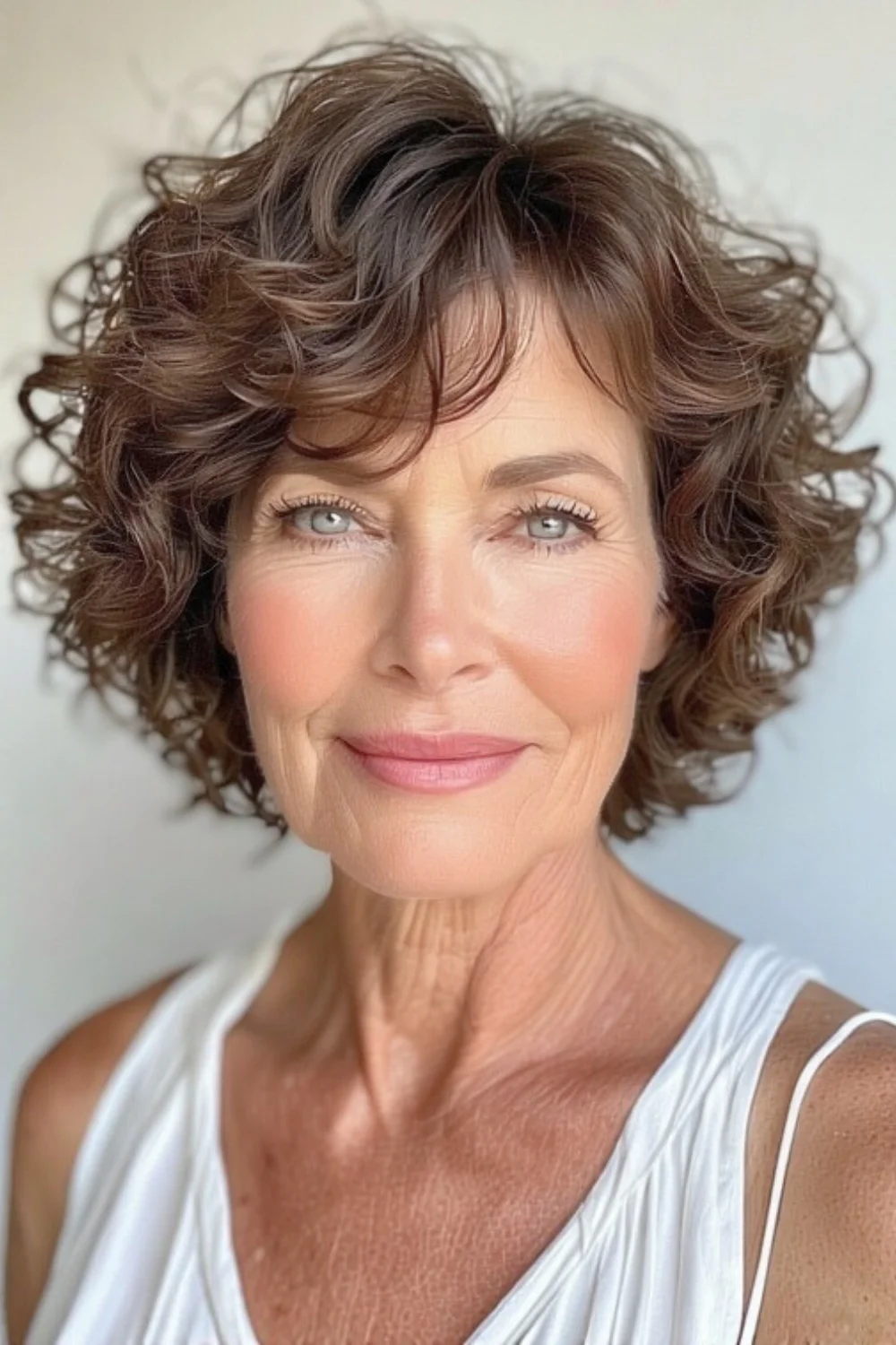 Softly layered curls flattering round face shapes
