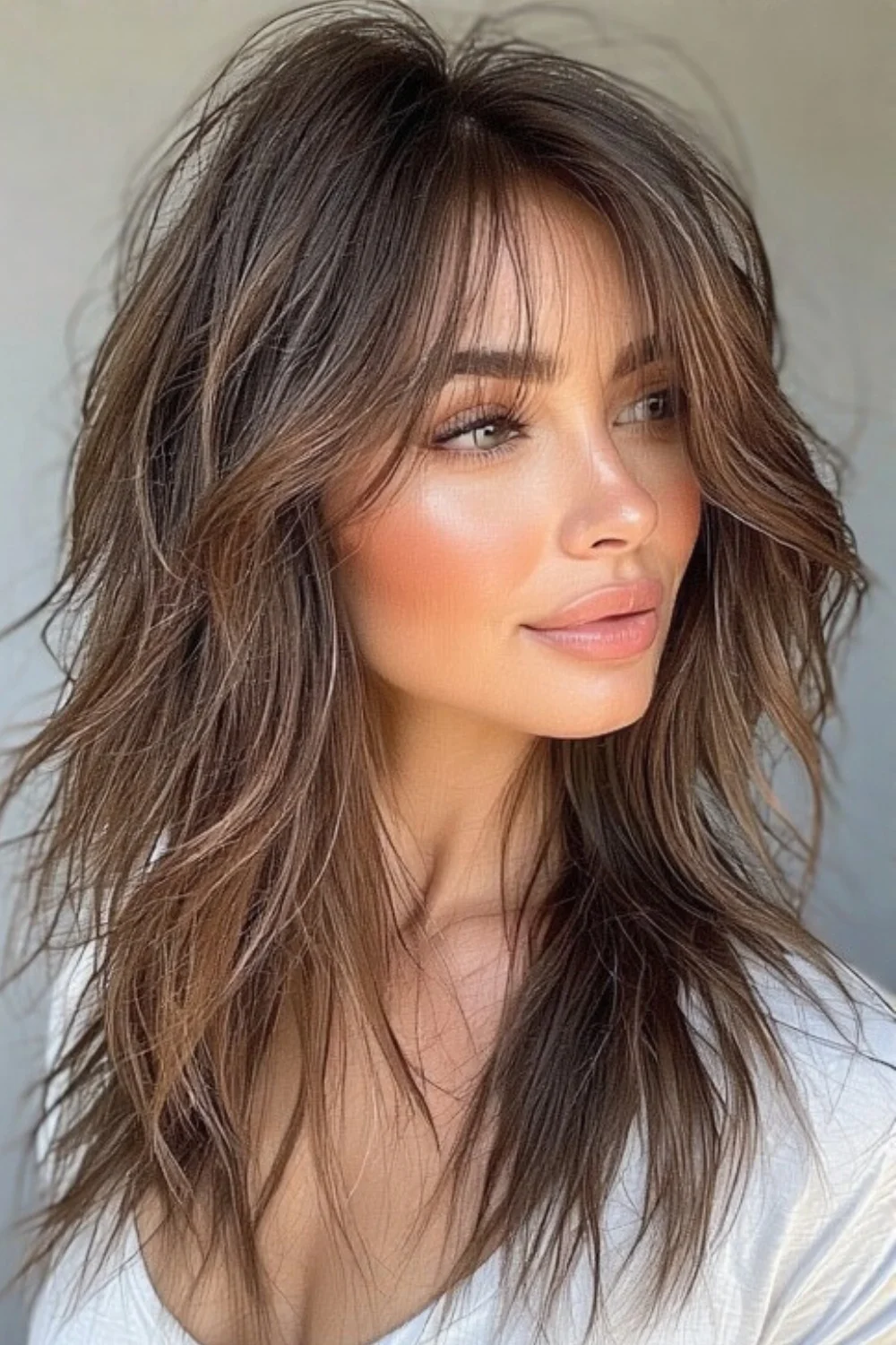 Very long layered haircut enhancing thick, voluminous hair 