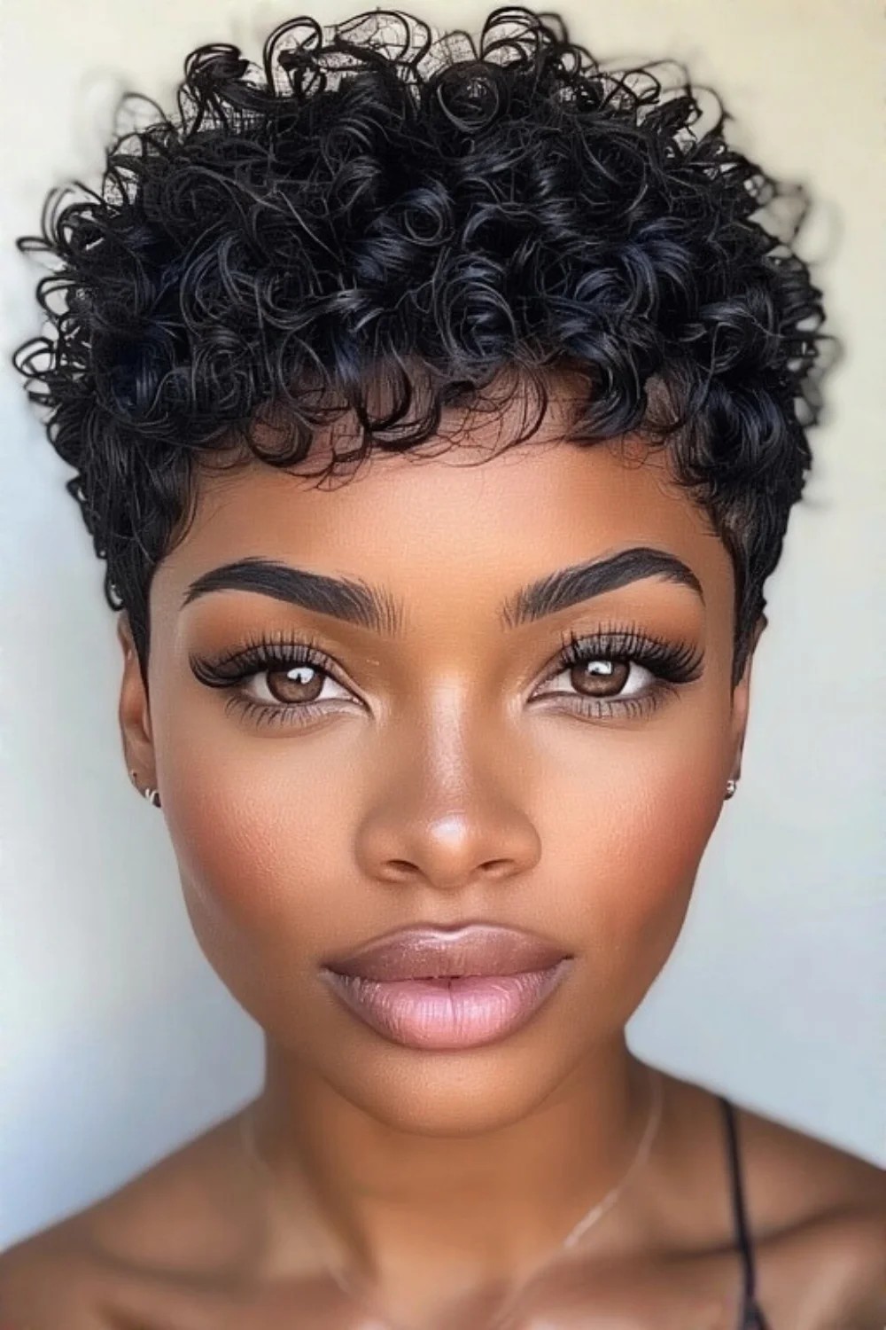 Pixie cut hairstyle designed for natural curly hair texture.