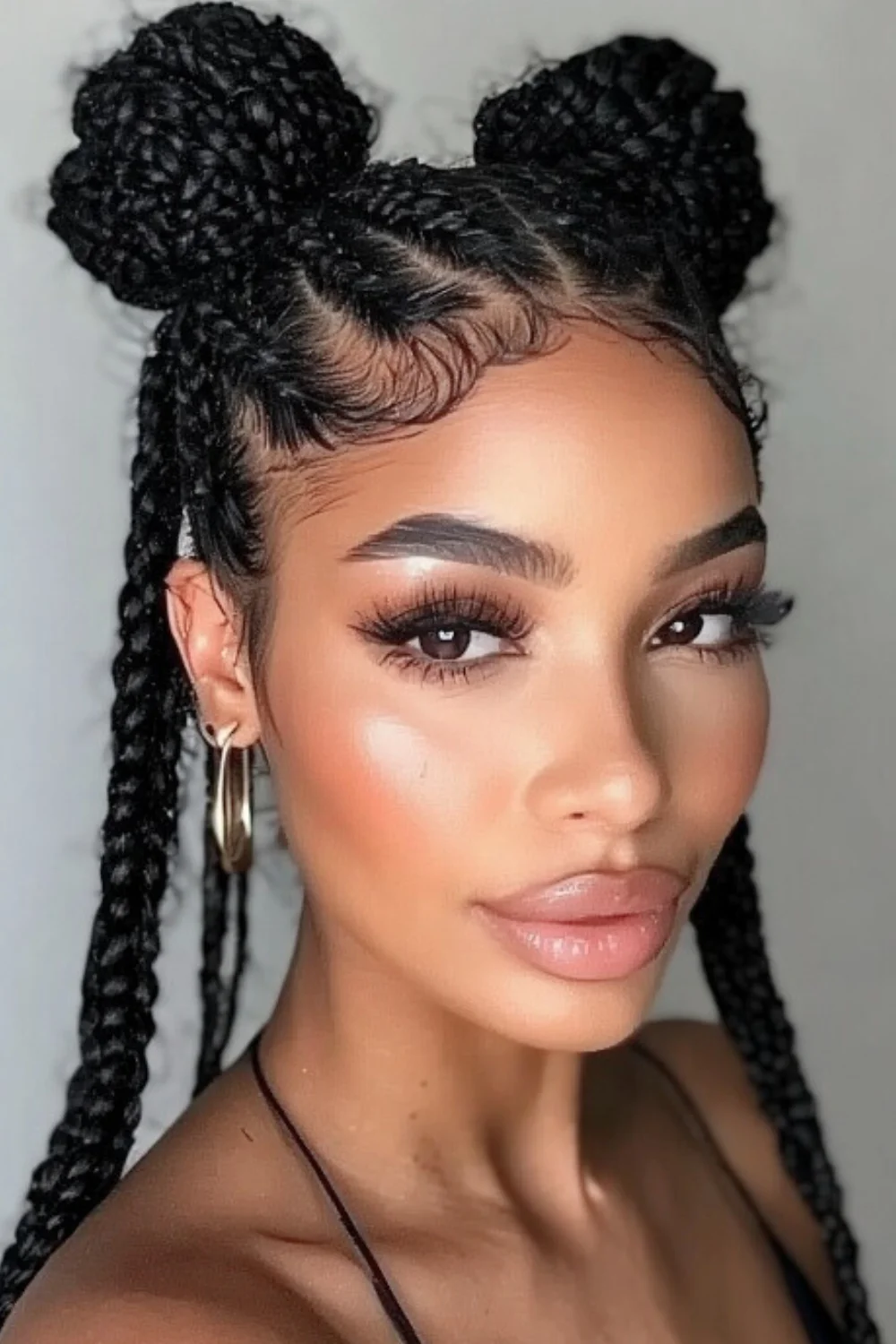 Braided space buns hairstyle that can be done quickly and easily.