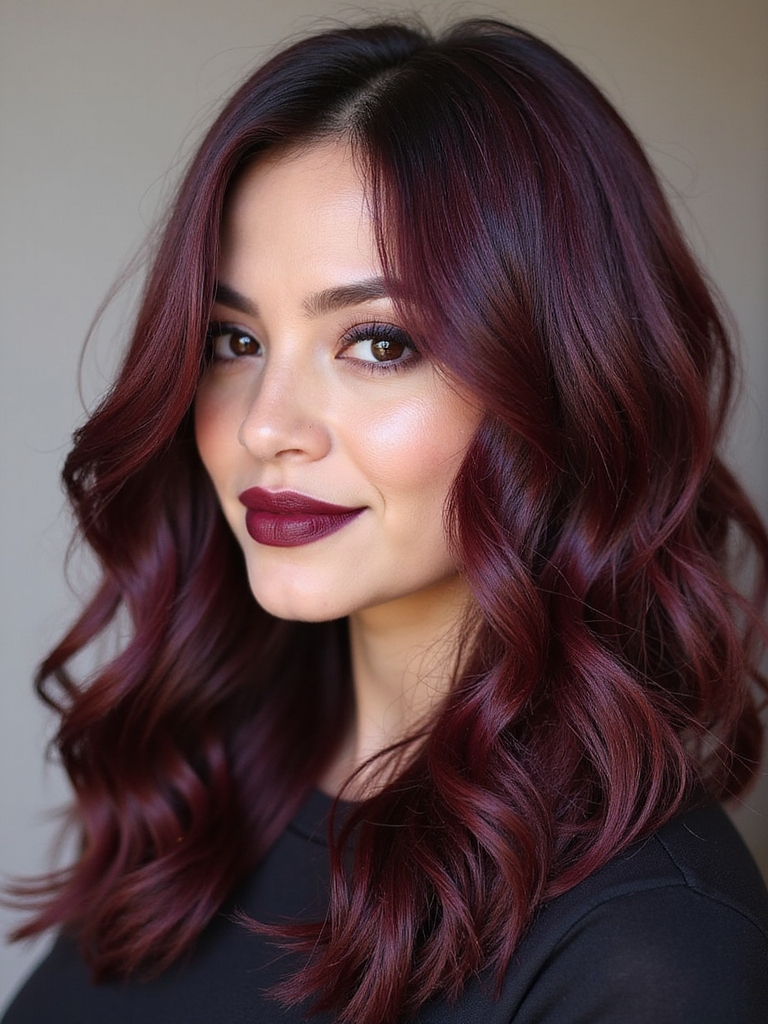 sophisticated glossy merlot hair