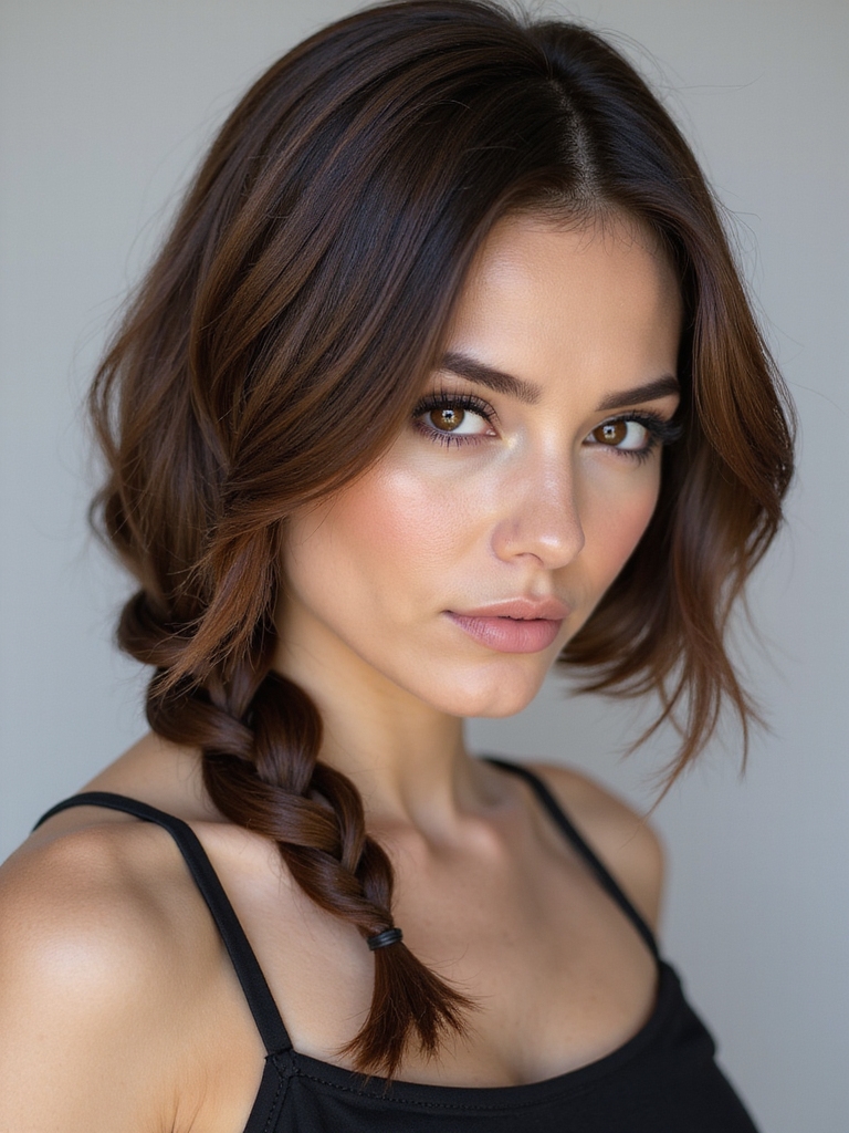 asymmetrical side swept braided bob