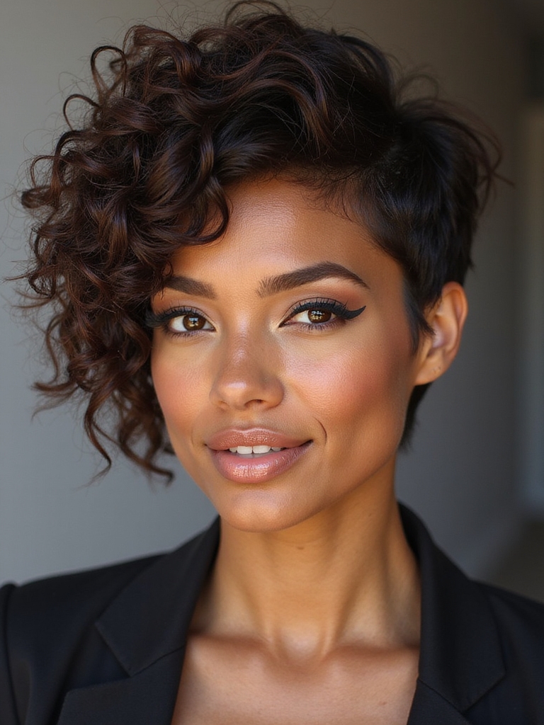 asymmetrical textured curly pixie