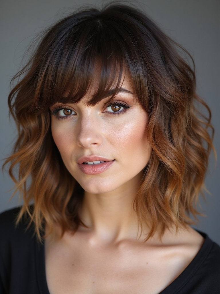 balayage enhanced shag with bangs