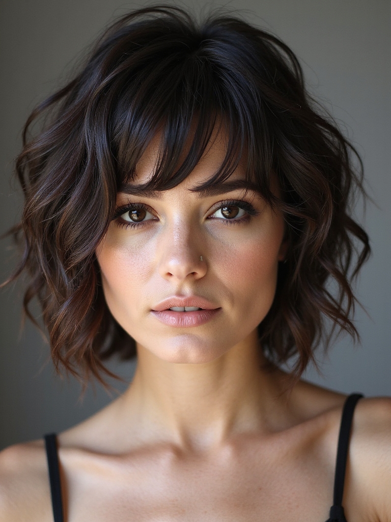 bangs framing textured shaggy bob