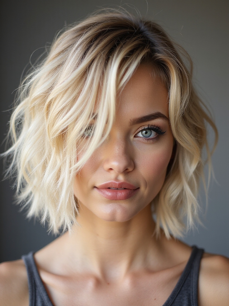 choppy feathered textured blonde bob