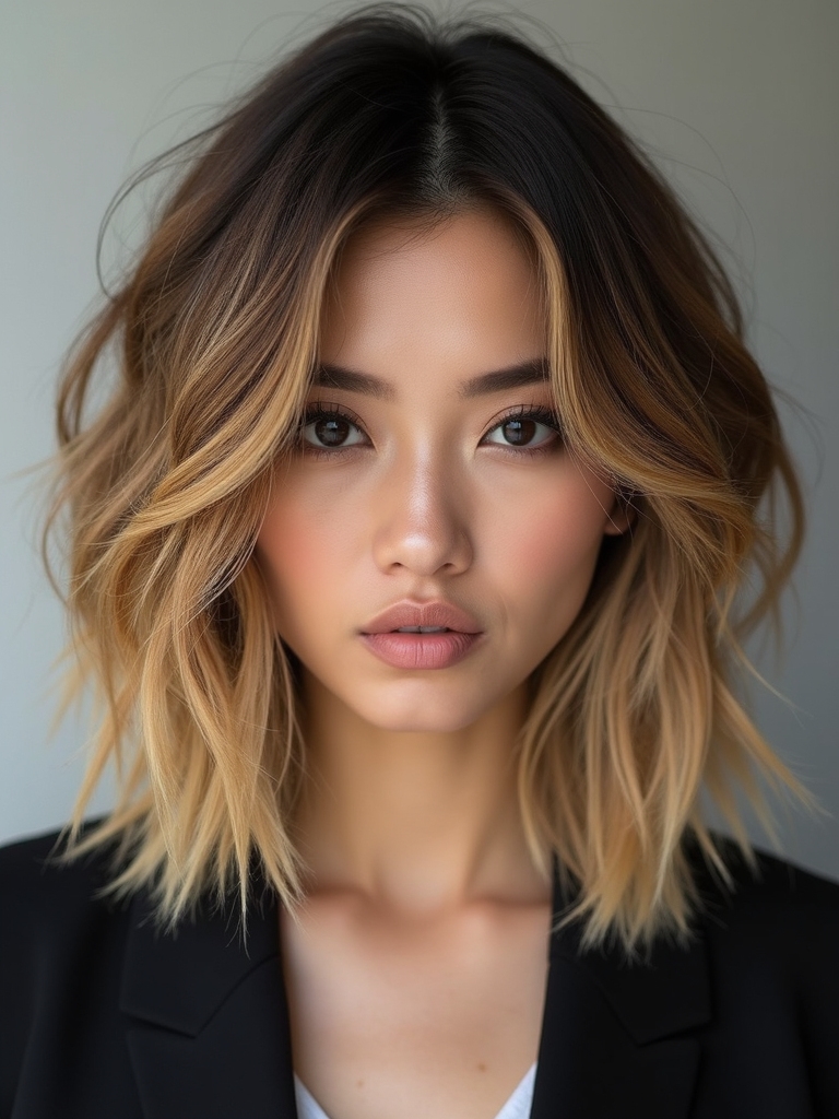 choppy layered side part bob