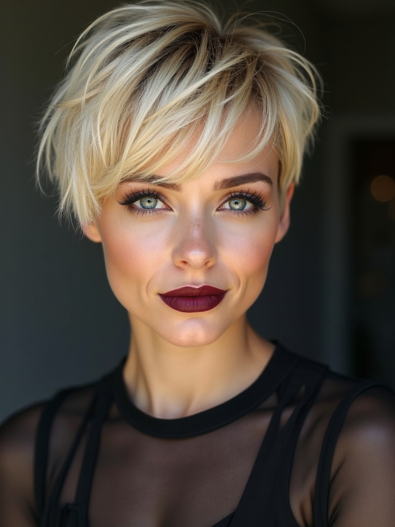 dramatic face framing pixie bangs