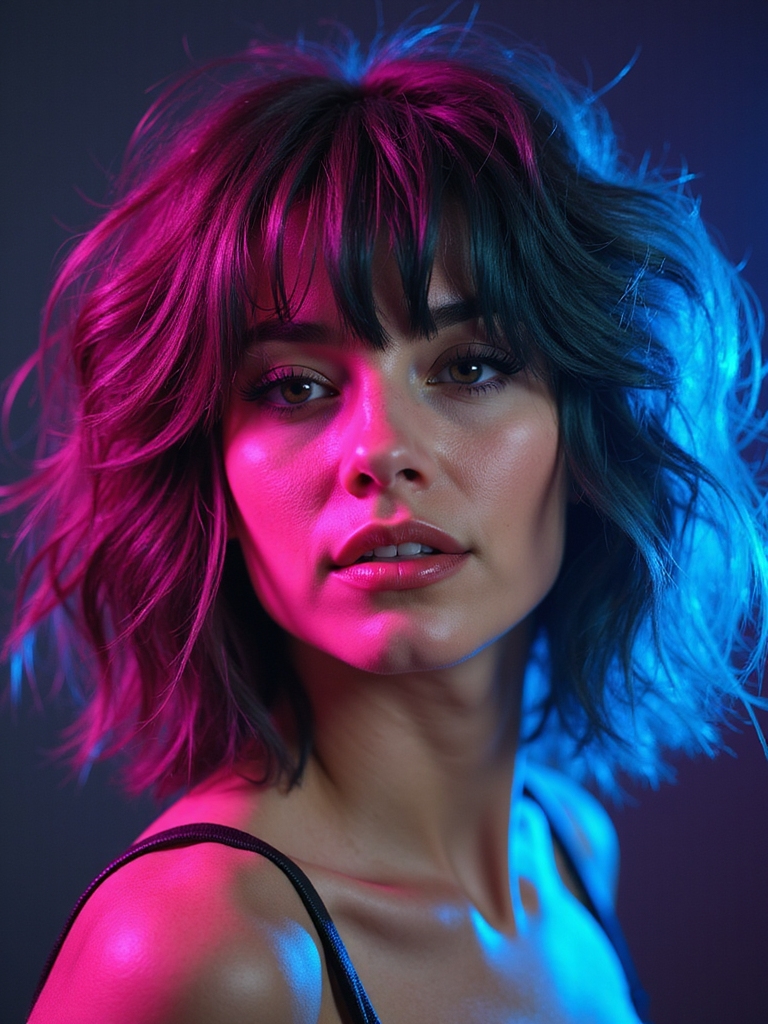 neon accents on shaggy mullet