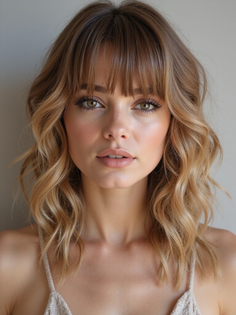 shaggy curtain bangs framing romantically