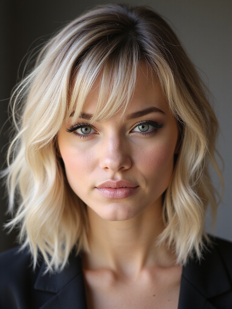 shoulder length bob with feathered bangs