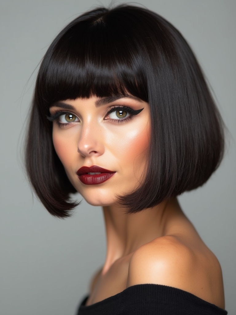 sleek bob with curtain bangs