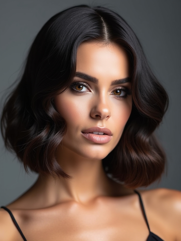 sleek glossy deep part bob