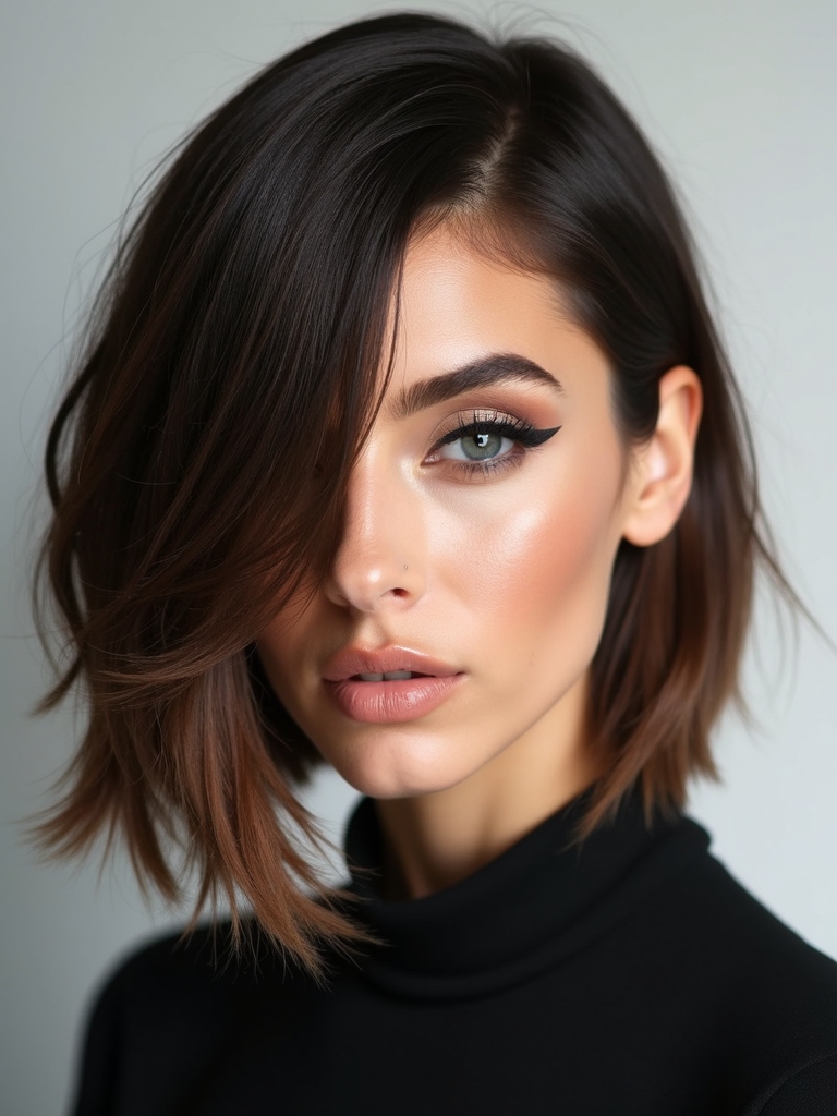 sleek polished side part bob