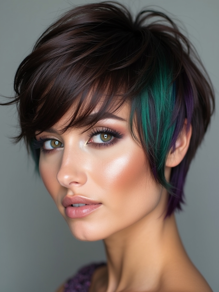 vibrant streaked shag hairstyle