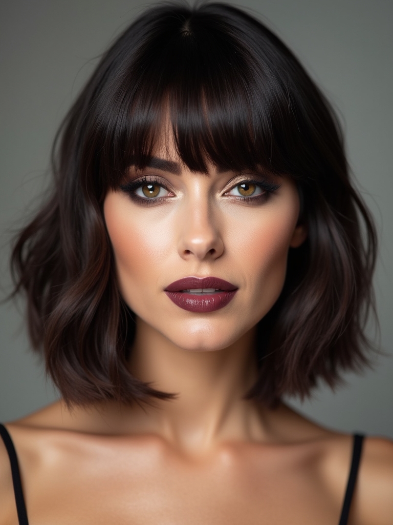 a line bob with curtain bangs