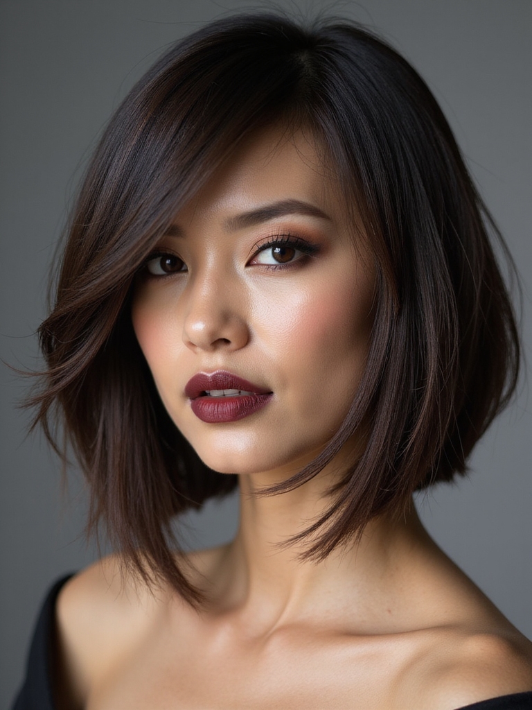 asymmetrical sleek shoulder length bob