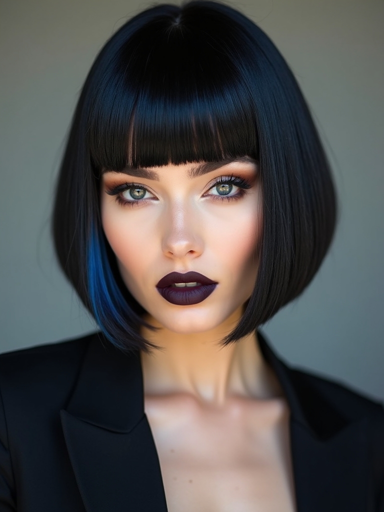 blunt bangs framing short bob