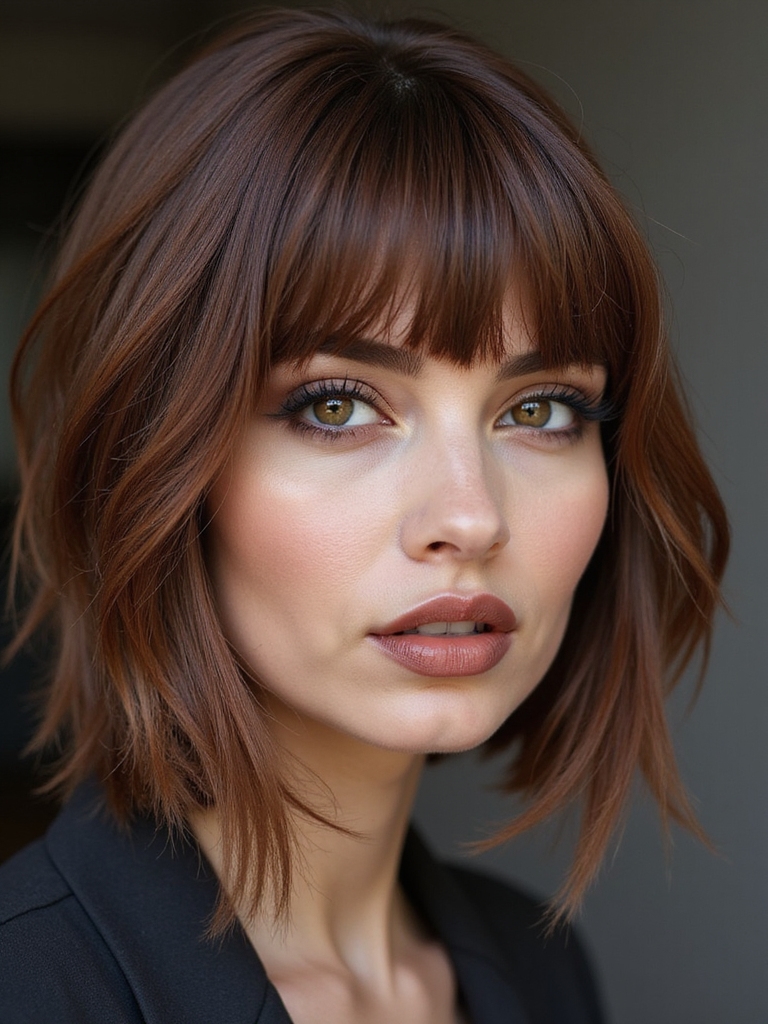 blunt bangs sleek textured bob