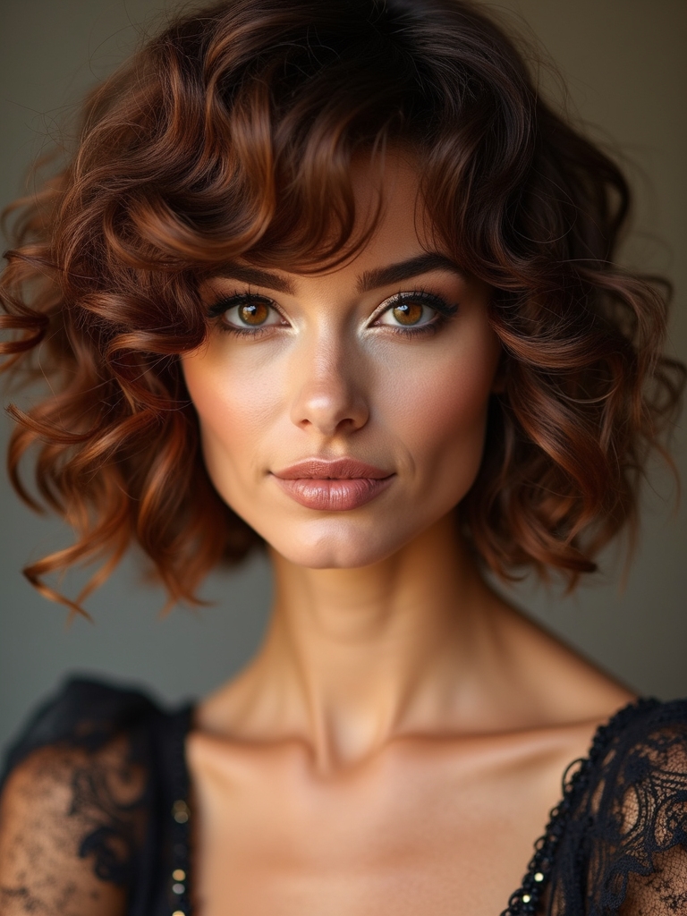bouncy curly bob with curtain bangs